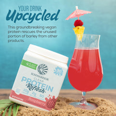 Sunwarrior Clear Protein 420g tub label shows healthy ingredients.
