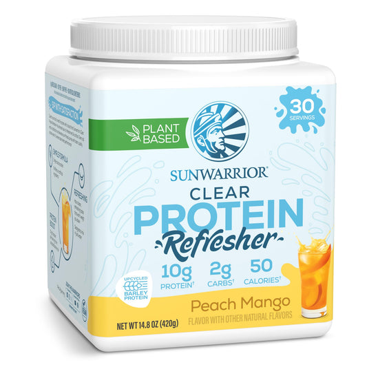 Sunwarrior Clear Protein tub with peach mango flavor, front view for refreshing hydration