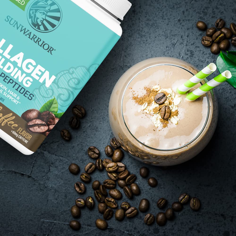 Sunwarrior glass with prepared coffee-flavored collagen beverage