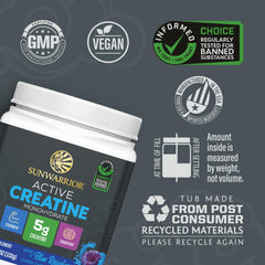 Sunwarrior Creatine Monohydrate blue raspberry powder ready to blend in a drink.