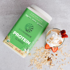 Sunwarrior Organic Classic Vanilla with brown rice ingredients for complete proteins.