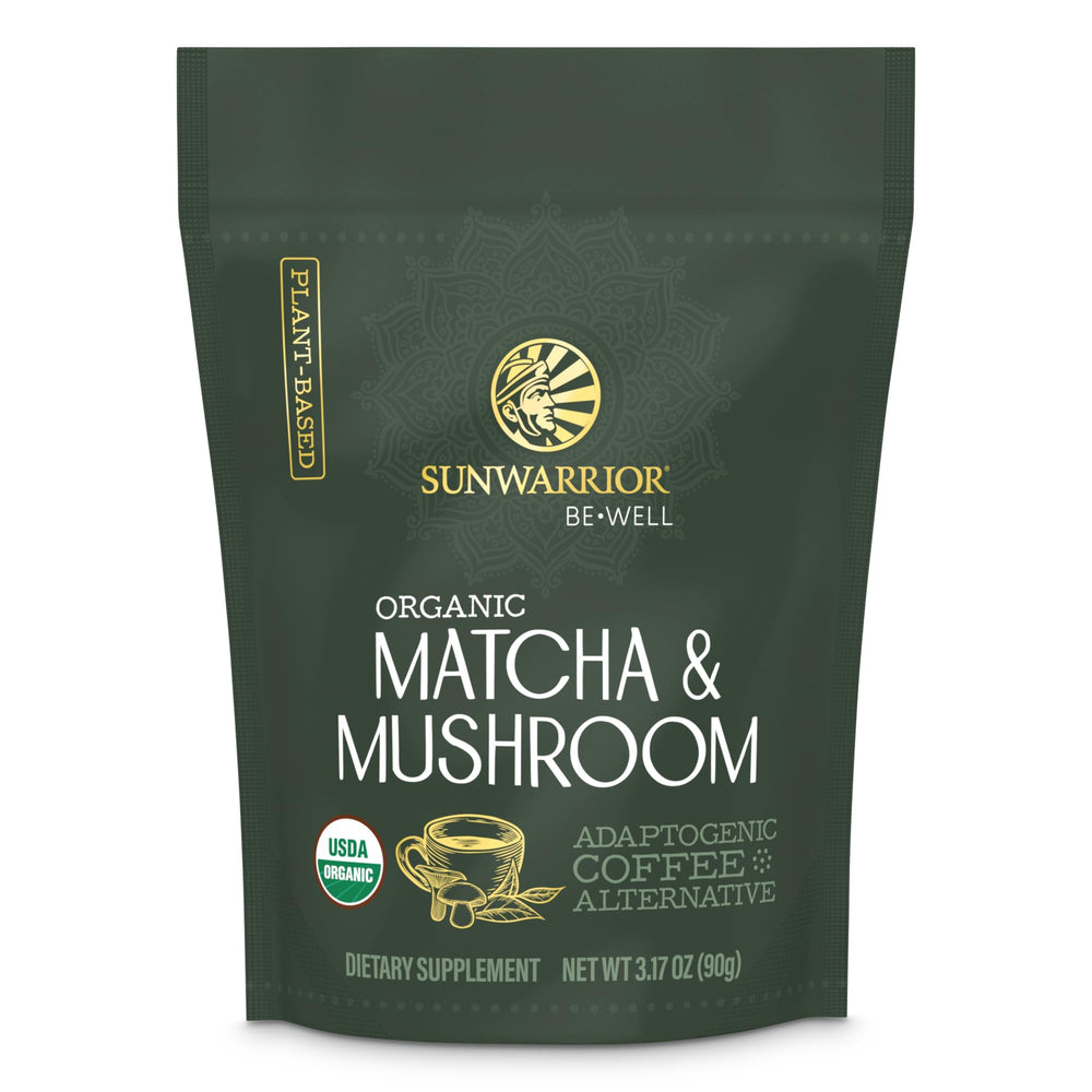 Sunwarrior Organic Matcha Mushroom Powder jar showing antioxidant-rich ceremonial blend