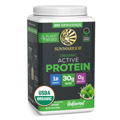 Sunwarrior Organic Plant-Based Protein Powder unflavored in bag, clean protein for daily workouts.