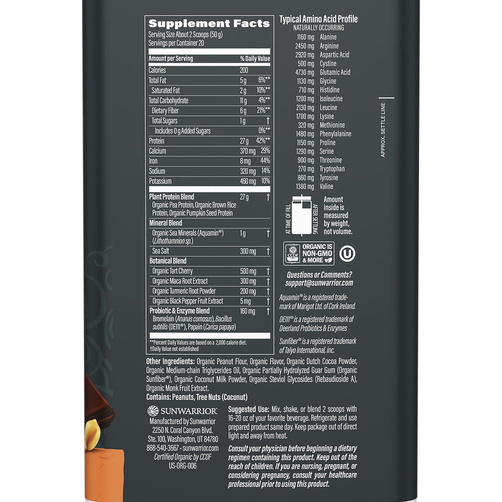 Sunwarrior packaging closeup of chocolate peanut butter protein powder packaging emphasizing vegan formula.