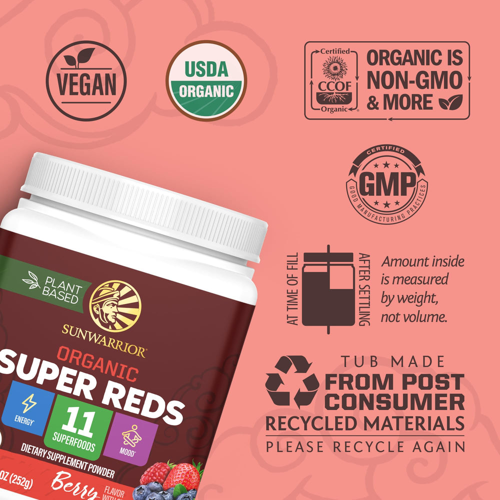 Sunwarrior Super Reds powder dissolving in water for a refreshing drink