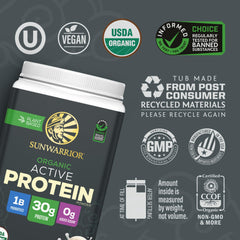 Sunwarrior plant-based protein scoop emphasizing clean, allergen-free plant protein.