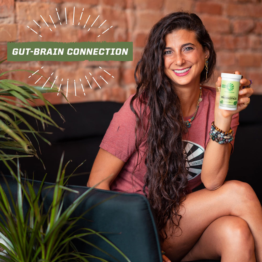Sunwarrior Probiotics product shot with glass of water for easy daily intake