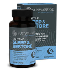 Sunwarrior Sleep Support bottle on nightstand promoting calm evenings