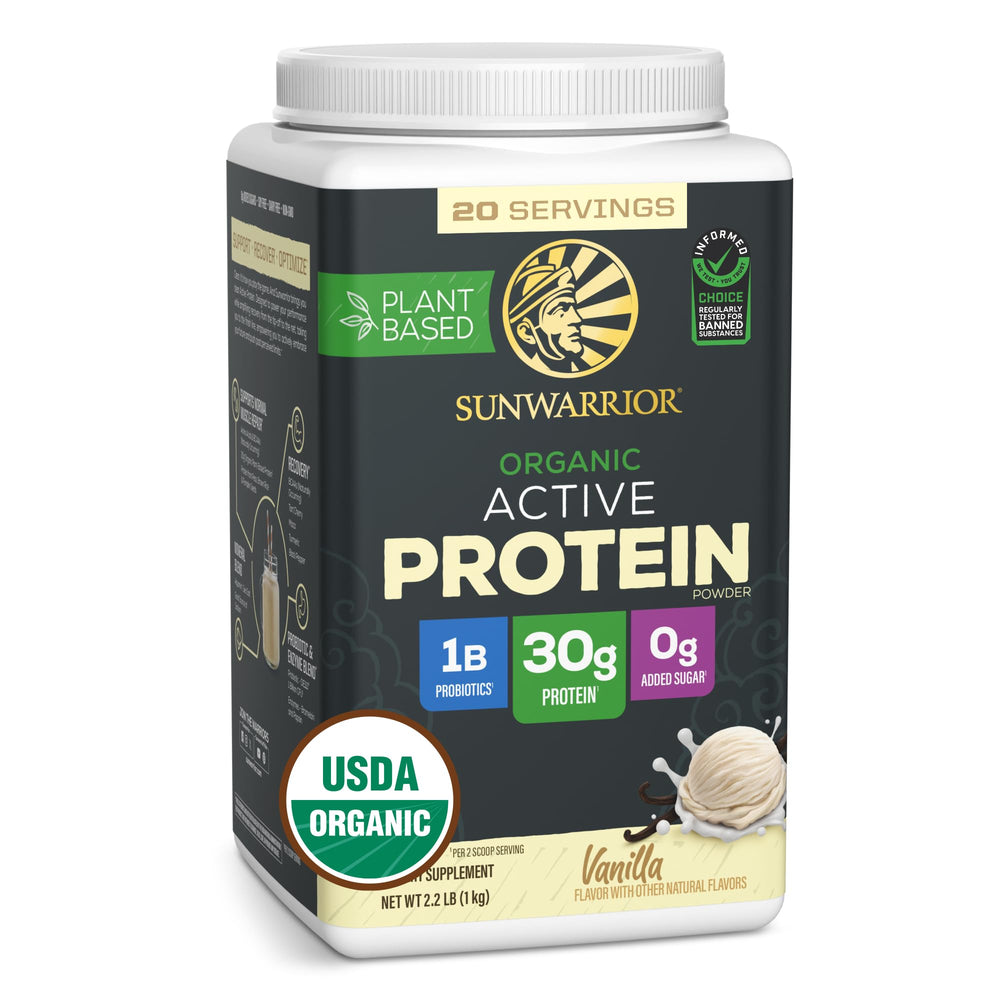 Sunwarrior vanilla organic protein powder tub highlighting dairy-free protein for everyday recovery.