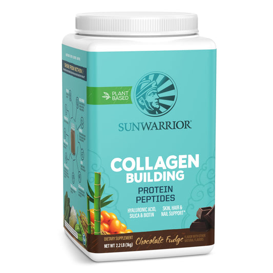 Sunwarrior vegan collagen powder chocolate tub front showing packaging and branding