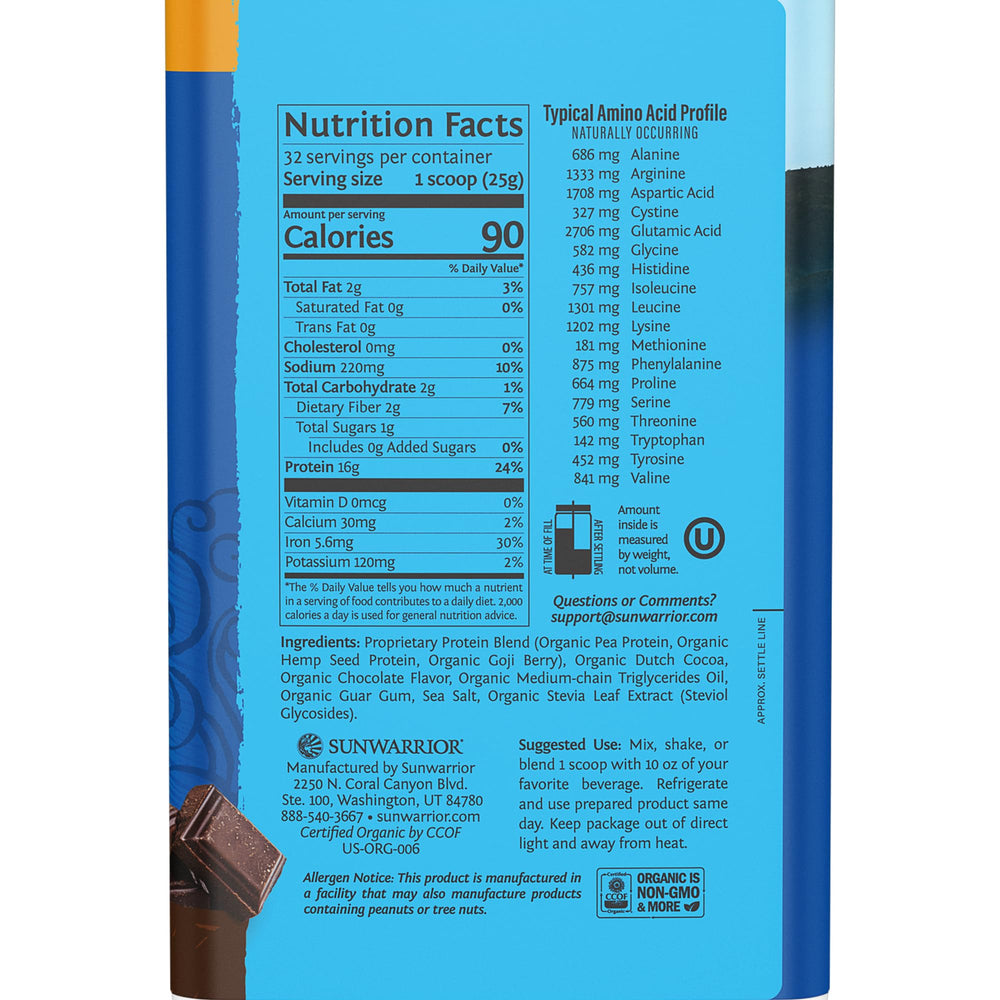 Sunwarrior Warrior Blend Chocolate scoop ready for quick post-workout shakes.