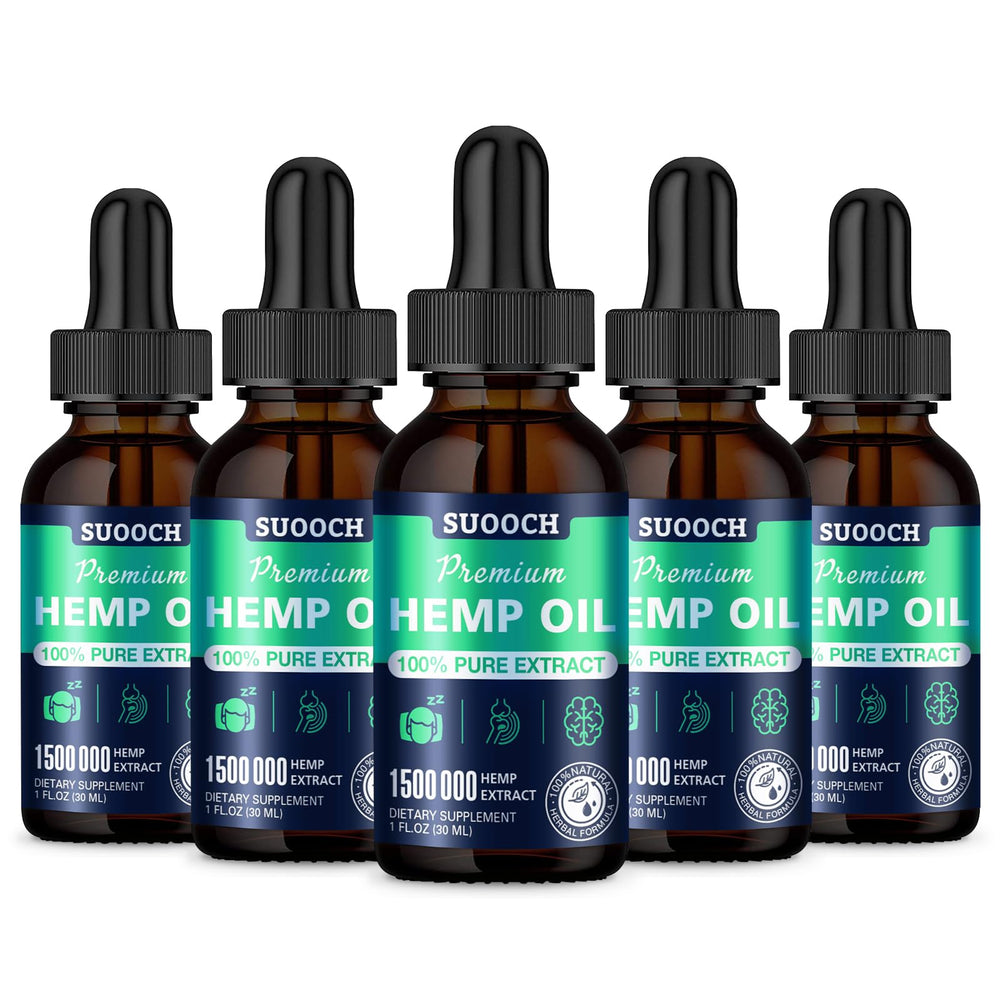 SUOOCH hemp oil drops bottle front view, highlighting natural color and purity.