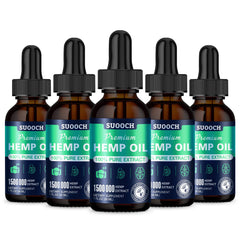 SUOOCH hemp oil drops bottle front view, highlighting natural color and purity.
