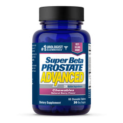SUPER BETA PROSTATE comprimidos masticables con sabor frambuesa para apoyo prostático diario.