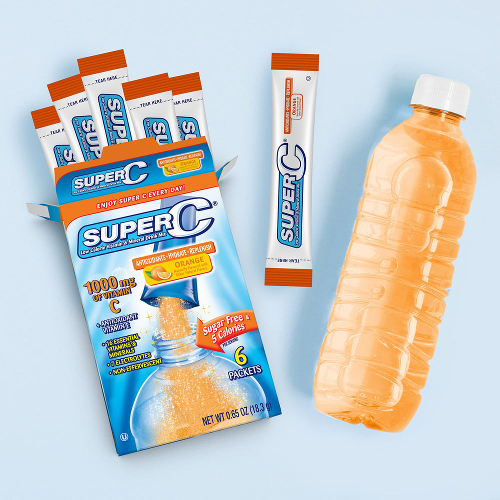 Super C orange drink box with multi-pack packaging in view.