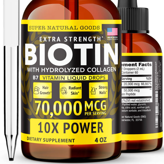 Super Natural Goods liquid biotin-collagen 4oz bottle highlighting potent drops for hair, skin, and nails.