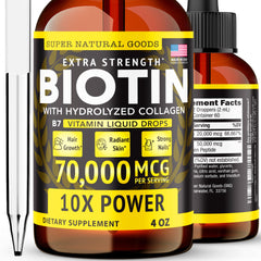 Super Natural Goods liquid biotin-collagen 4oz bottle highlighting potent drops for hair, skin, and nails.