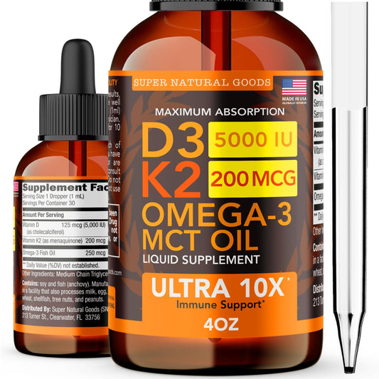 Super Natural Goods vitamin D3 K2 liquid drops bottle highlights easy daily intake.