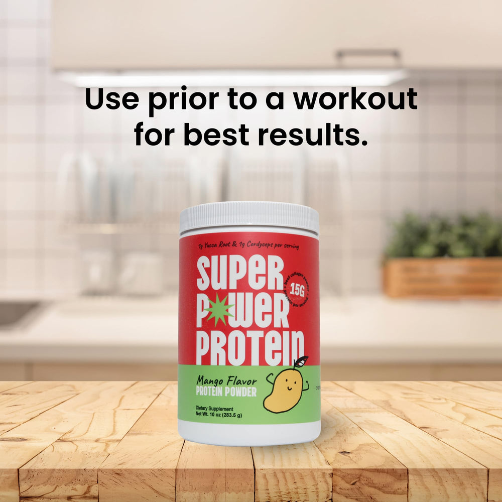 HALAL-certified beef collagen badge on SUPER POWER PROTEIN packaging.