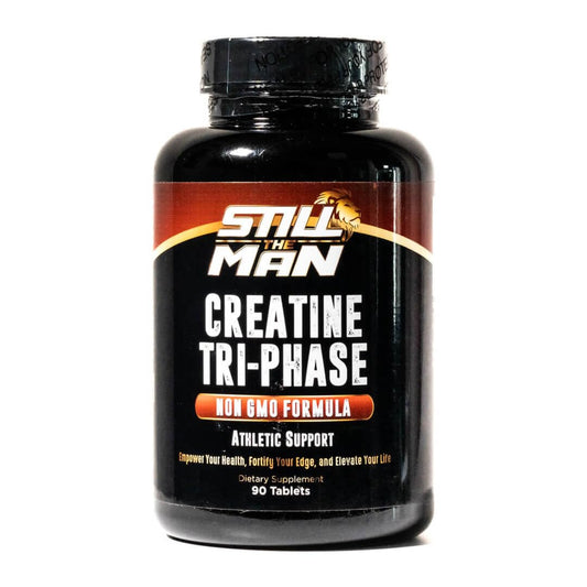 Super Premium Tri-Phase Creatine bottle front showing premium packaging for athletes.