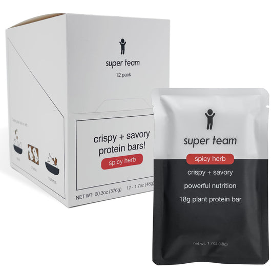 Super Team Savory Crispy Bar packaging closeup showcases a protein-packed snack option