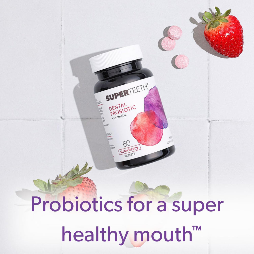 SUPER TEETH bottle label featuring BLIS M18 for oral health