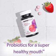 SUPER TEETH bottle label featuring BLIS M18 for oral health