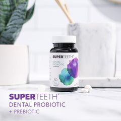 SUPER TEETH kids chew: kid-friendly probiotic tablet after brushing.