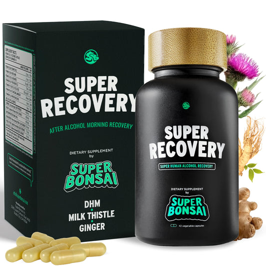 SuperBonsai Super Recovery bottle and label close-up for post-celebration support