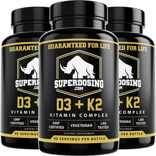 SuperDosing D3K2 bottle front view in premium packaging with UV protection
