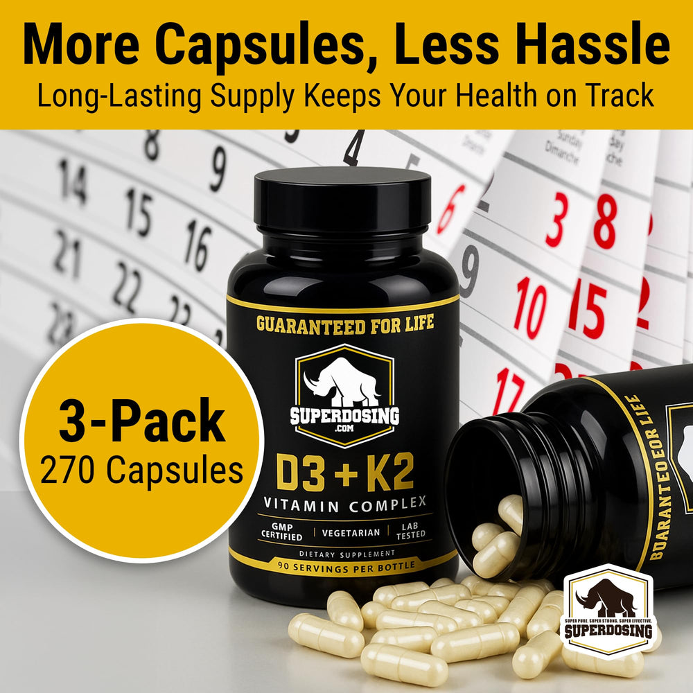 SuperDosing D3K2 capsules, vegetarian and gluten-free, for daily use