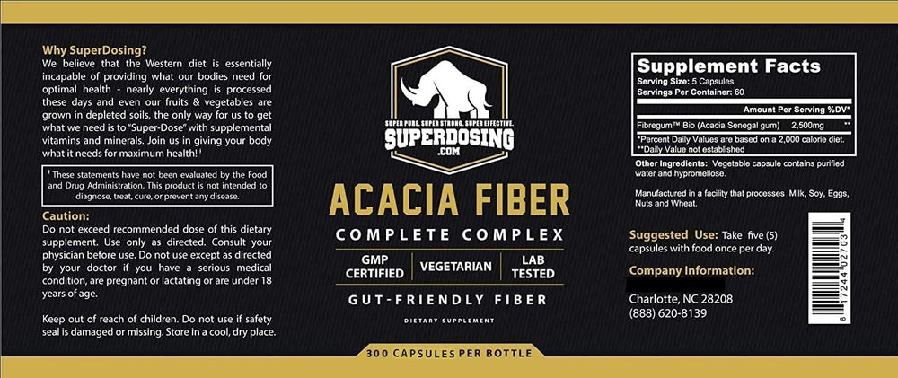 SuperDosing gum arabic capsules packaging signals natural prebiotic support.