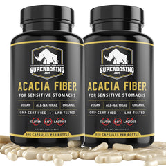 SuperDosing Organic Acacia Senegal Fiber Capsules bottle pour shows convenient on-the-go fiber support.