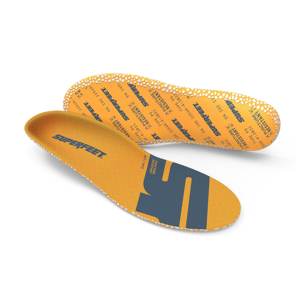 Superfeet Work puncture-resistant insoles with arch plate provide lasting support in rugged safety boots.