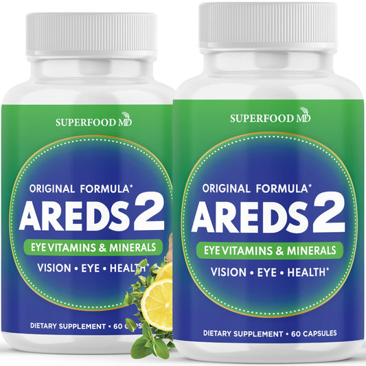 Superfood MD AREDS2 eye vitamin bottle front showing lutein and mineral blend.
