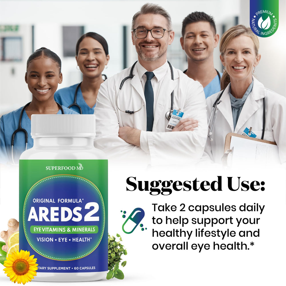 Superfood MD AREDS2 packaging with cap highlights safety and quality.
