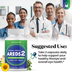Superfood MD AREDS2 packaging with cap highlights safety and quality.