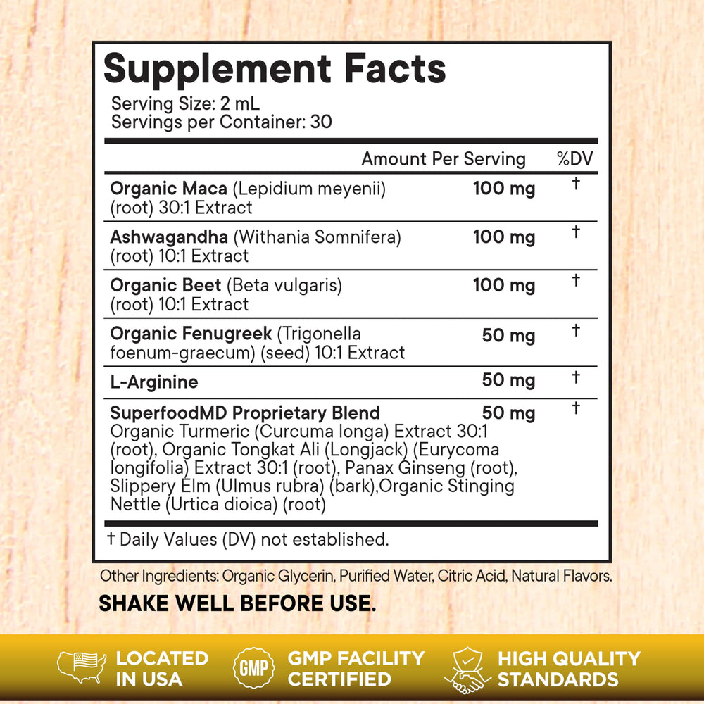 Superfood MD Ashwagandha Liquid Drops bottle suitable for a balanced routine.