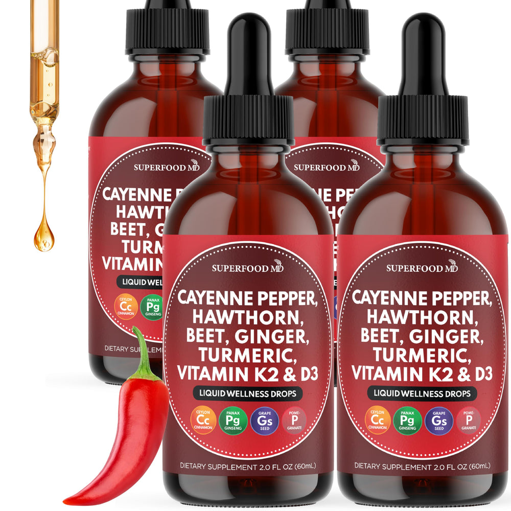 Superfood MD Cayenne Pepper Liquid Drops bottle showing spicy warmth for daily wellness