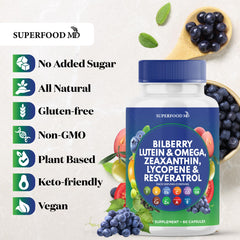 Superfood MD eye health packaging conveying premium quality AREDS2 formula