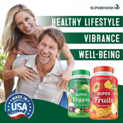 Label close-up highlighting beta-carotene and vitamin information on the Superfood MD bottle.
