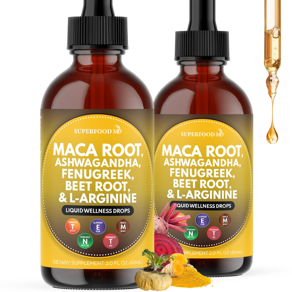 Superfood MD Maca Root Liquid Drops bottle for potential daily energy support.