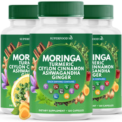Superfood MD moringa-turmeric-ginger capsules on bottle support daily vitality.