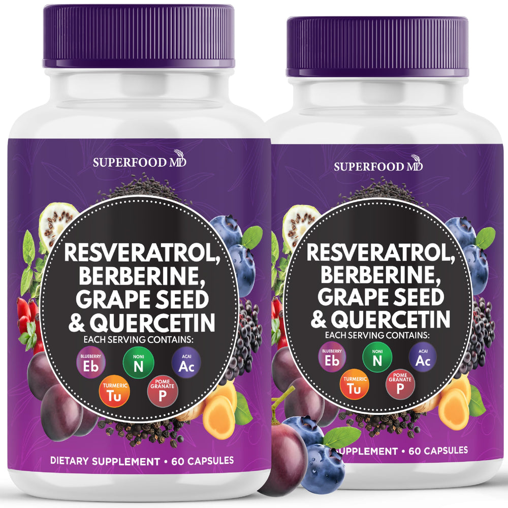 Superfood MD Resveratrol-Berberine-Grape Seed capsules for daily antioxidant support.