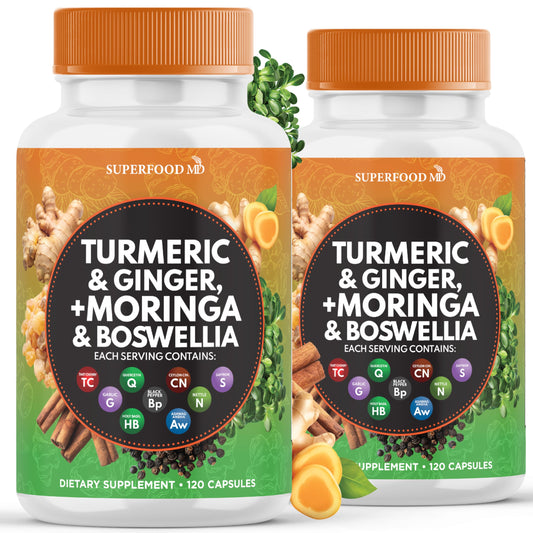 Superfood MD Turmeric Moringa bottle illustrating an all-in-one daily supplement.
