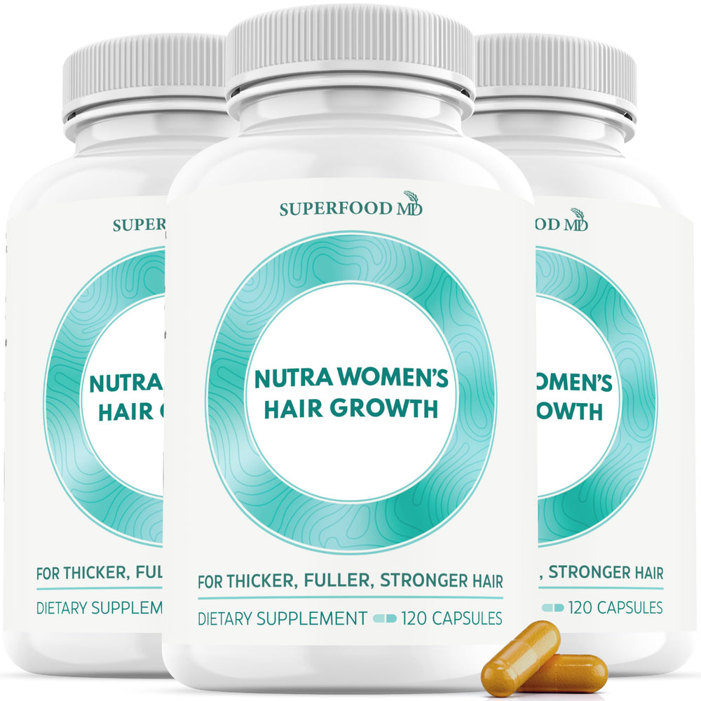 Superfood MD Women's Balance hair growth bottle highlights a nutrient-rich formula for aging hair.