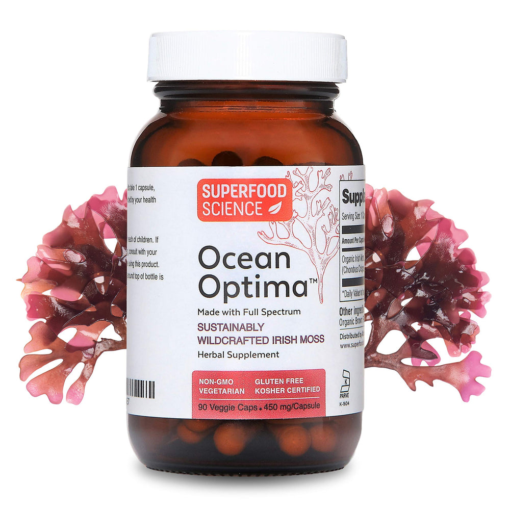 Superfood Science Ocean Optima sea moss capsules bottle with clear label, potential thyroid support.
