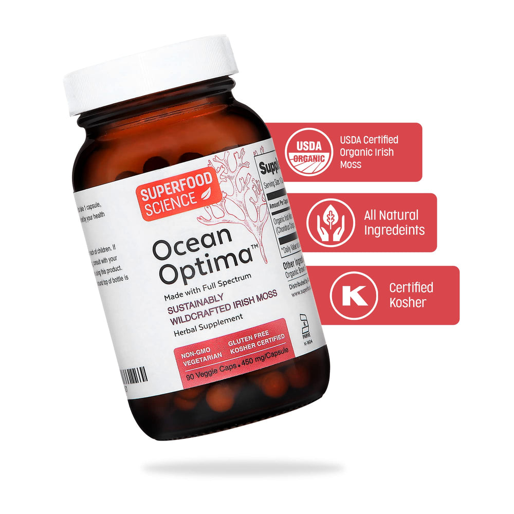 Vegan and gluten-free badge displayed beside Ocean Optima bottle.