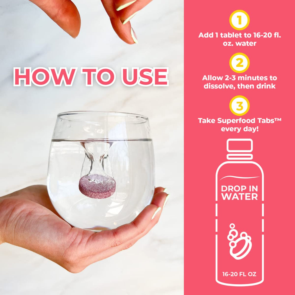 Superfood Tabs Detox bottle pour showing easy hydration routine.