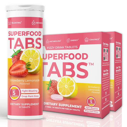 Superfood Tabs detox bottle pour showing convenient hydration with strawberry lemonade flavor.